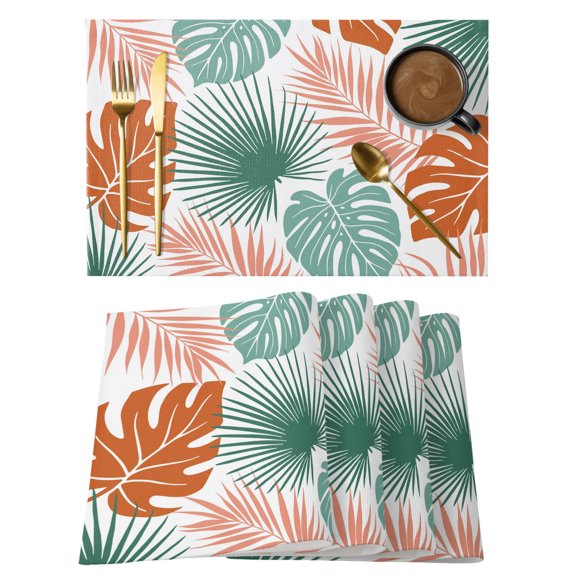 Turquoise Orange Palm Leaves Placemats Set of 8 Tropical Botanical Summer Place Mats Indoor Wipeable Table Mats Washable Cloth Dining Table Placemats for Kitchen Holiday Party Home Decor 13x19 Inch