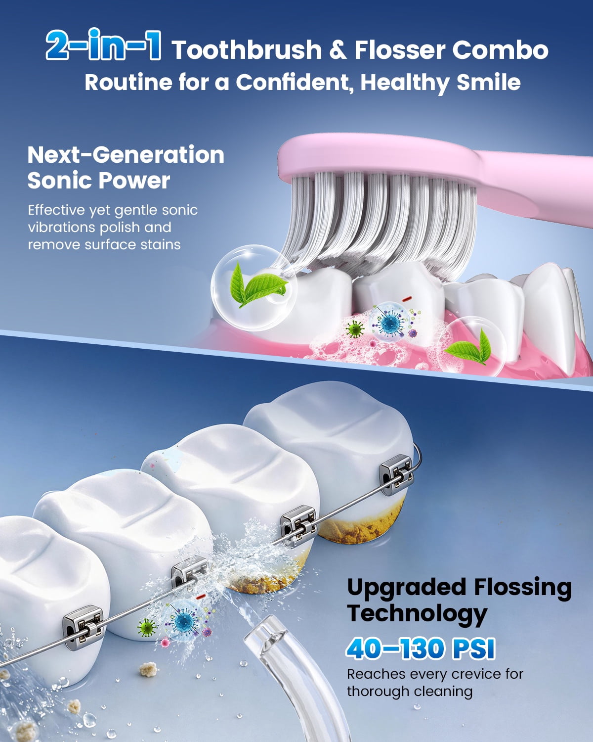 JTF 2-in-1 Oral Clean Kit- Electric Toothbrush & Water flosser Combo with Multiple Modes, 5 Brush Heads and 5 Jet Tips, Brushing & Flossing- Rechargeable for Teeth Cleaning and Gum Health, Pink