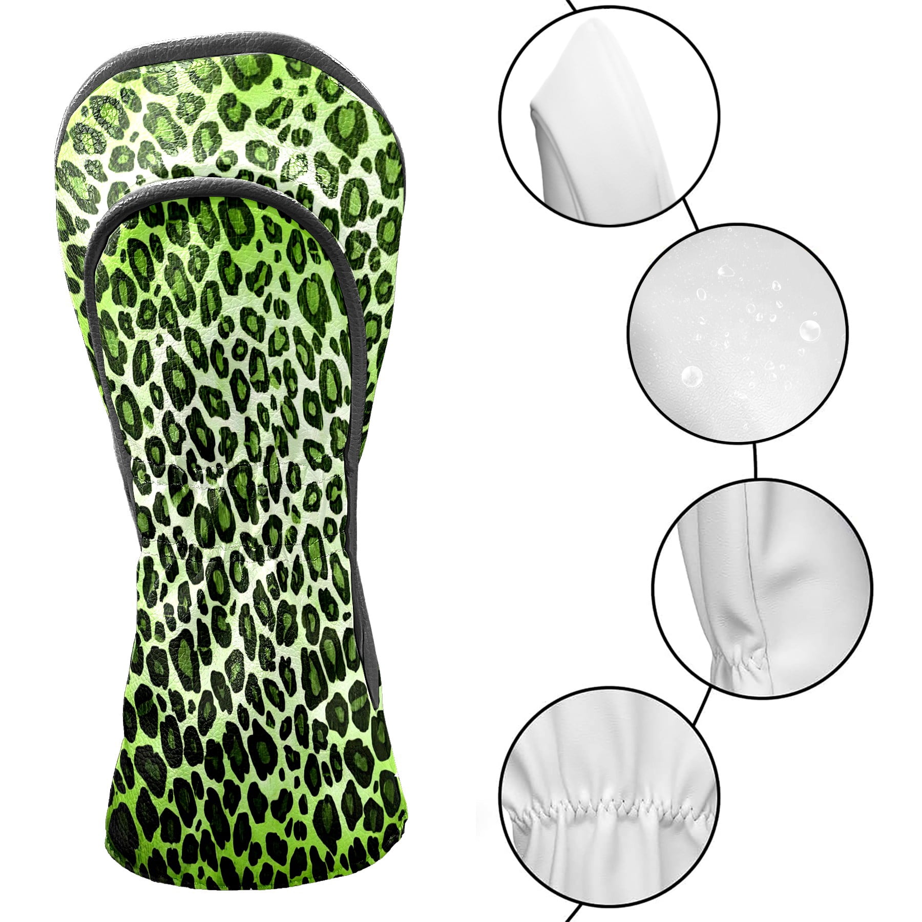 Golf Club Covers, Green Leopard Print Premium PU Leather Driver Hybrid Putter Head Covers with Velvet Lining, Waterproof Golf Gifts for Men Women