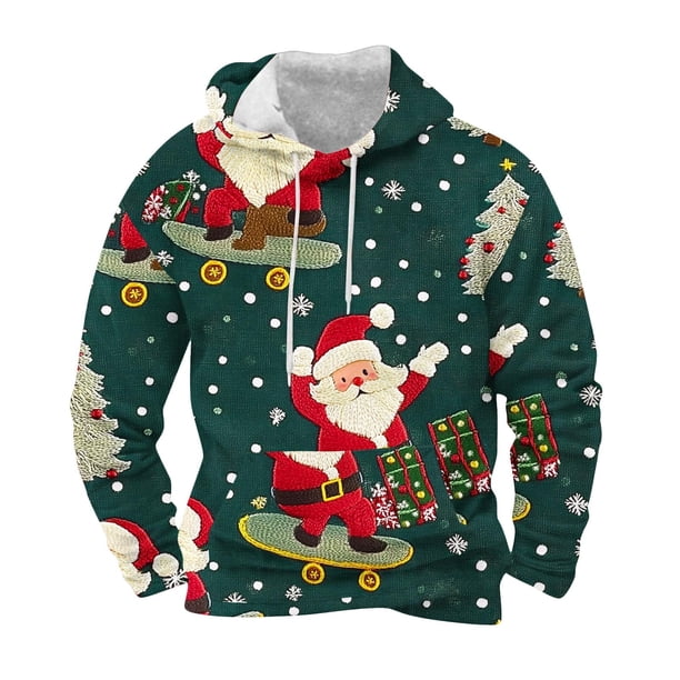 Sudadera con capucha para hombre, informal, con cordón, estampado navideño, deportiva, blusa de poliéster