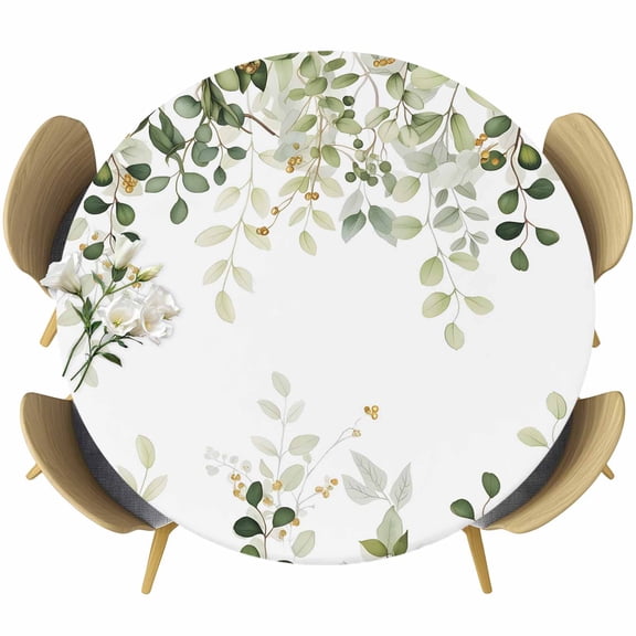 Round Table Cover 55-60 Inch Sage Green Eucalyptus Leaves Waterproof Reusable Table Cloth Round Fitted Vinyl Tablecloth with Elastic Edged for Parties Outdoors, Spring Botanical Floral