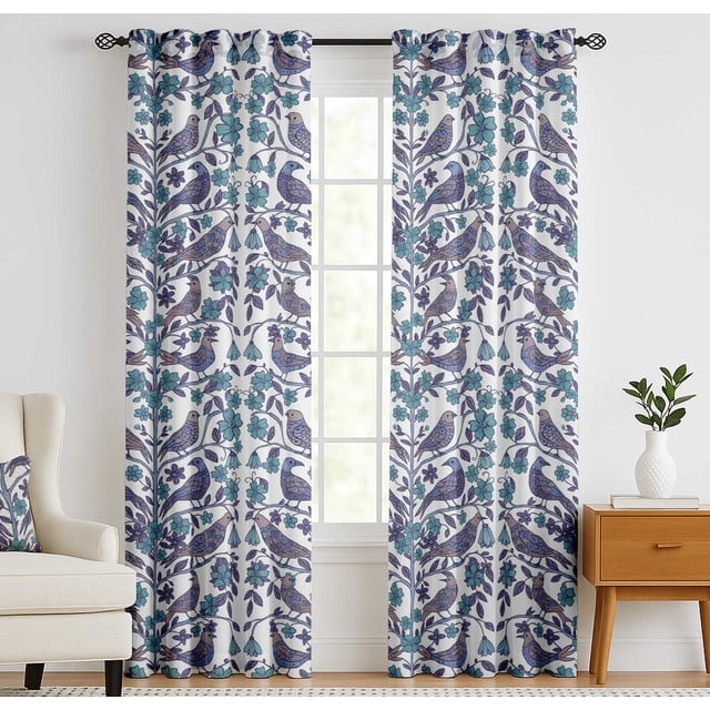 Vargottam 84 Inch Rod Pocket/Back Tab Cotton Curtains for Windows and Doors- Light Filtering Cotton- Light Filtering Drapes For Doors- Set of 2 Panels, 52"x84"- Floral And Brid Pattern (Purple)