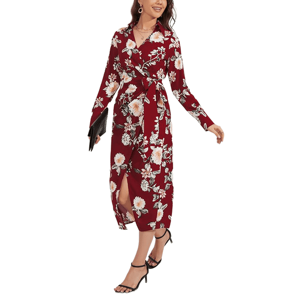 Floral Collared Surplice Neck Dress for Women Mid-Calf Length Red Small