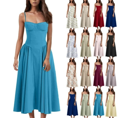 GXIPO Midi Corset Dress for Women 2025 Summer Elegant Tulle Vintage Party Dress Flowy Pleated Hem Low Cut Prom Dresses Yellow L