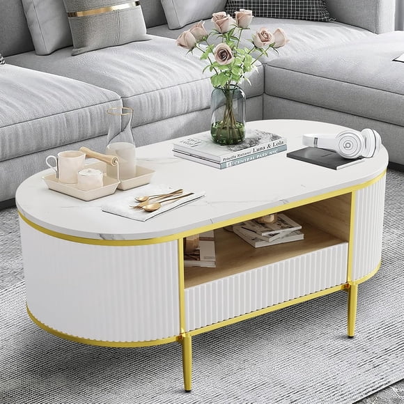 IdeaHouse Modern Fluted Coffee Table, 48" Modern Oval Coffee Table with Drawer, Faux Marble Top, Curved Profile Center Table with Storage, Gold Metal Decor, Center Table for Living Room, White