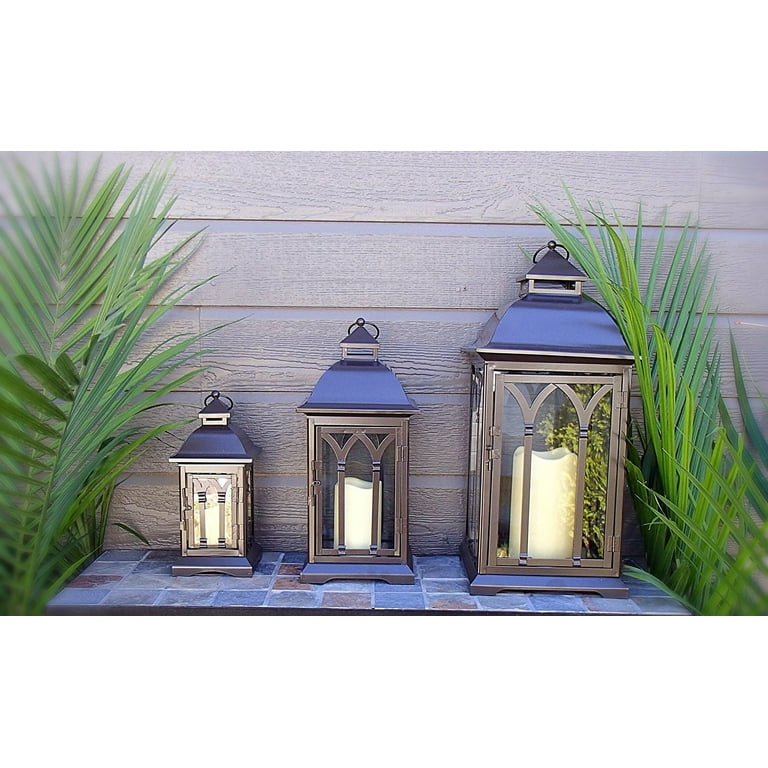 3PC Indoor/Outdoor Black Powder-Coated Steel and Tempered Glass Lanterns 3PC Indoor/Outdoor Black Powder-Coated Steel and Tempered Glass Lanterns