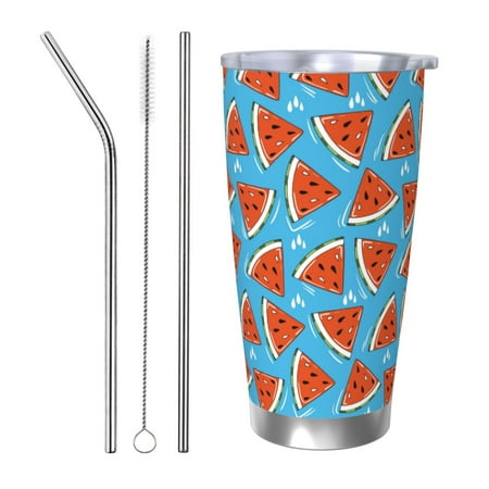 

Susaid Cartoon Watermelon Print 20oz Car Cup Insulated Coffee Cup Fully Spill Proof Travel Coffee Mug Stainless Steel Tumbler for Work Home Outdoor Car-Straw Three-piece Set