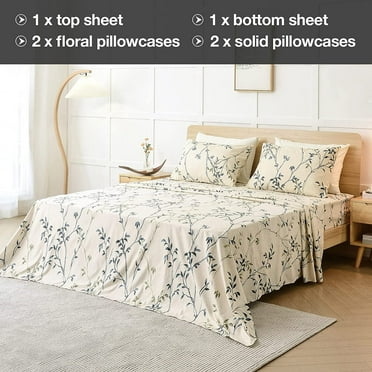 6 Piece Teal Leaves Printed Sheet Set Queen Size, Soft Botanical Microfiber Sheets with 4 Pillowcases Deep Pocket