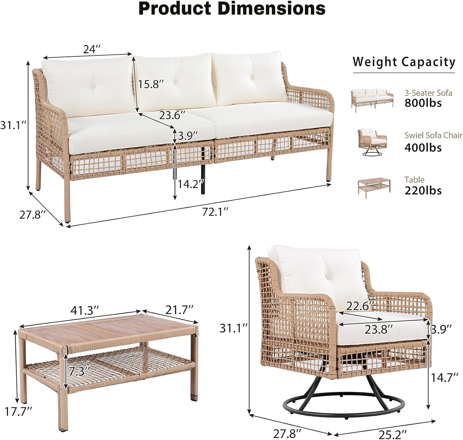 4-Piece Outdoor Wicker Patio Conversation Set with Swivel Chairs, 5-Person Rattan Sectional Seating, Beige for Backyard Poolside Deck
