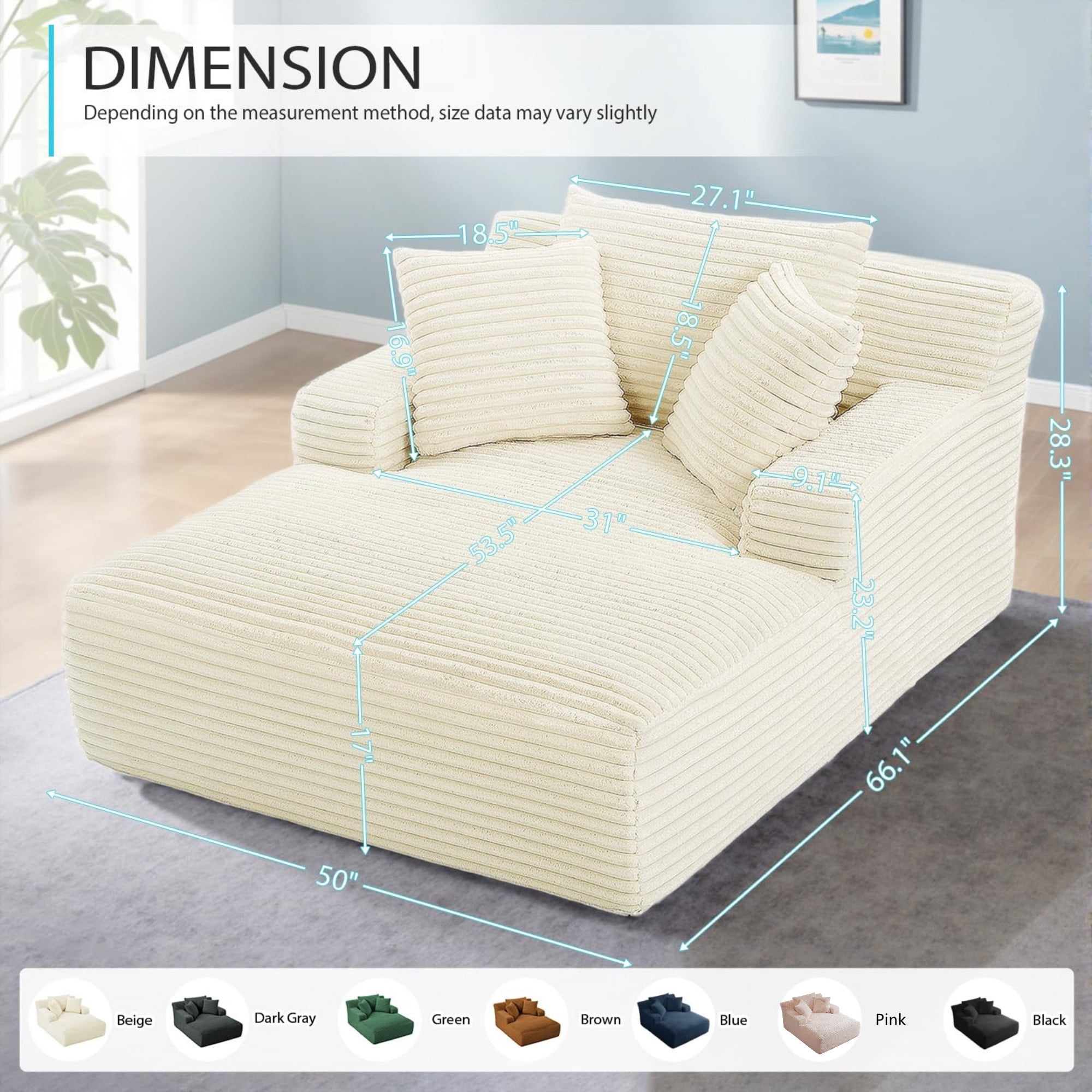 Aukfa 66" Oversized Chaise Lounge Indoor Chair Boneless Couch for Living Room Bedroom, 3Pillows, White