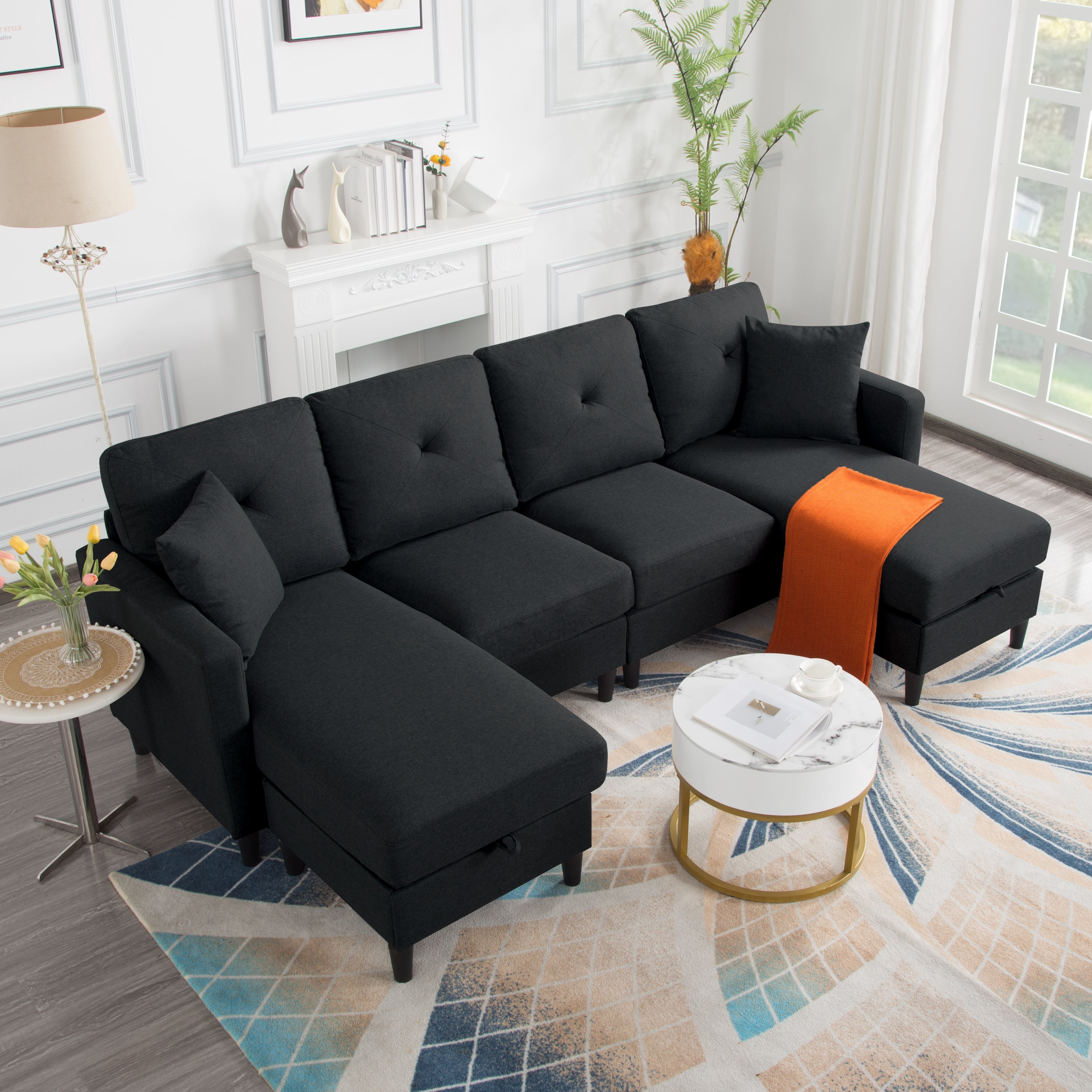 Gewnee 99.2”U-Shaped Modular Sectional Sofa,Movable Storage Ottomans,Removable Washable Cushion Covers,2 Throw Pillows – for Living Room,Bedroom,Office.Black