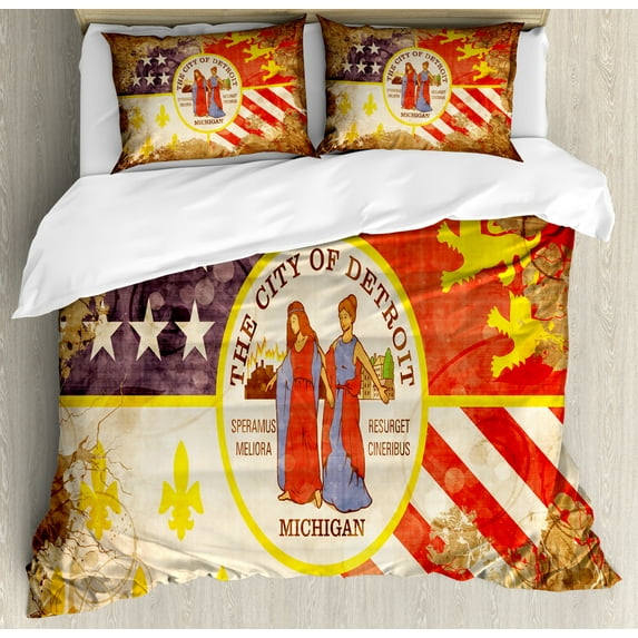 Detroit Duvet Cover Set Queen Size, Antique Detroit Flag with Floral Swirls Grungy Look Vintage Style Old American, Decorative 3 Piece Bedding Set with 2 Pillow Shams, Multicolor, by Ambesonne