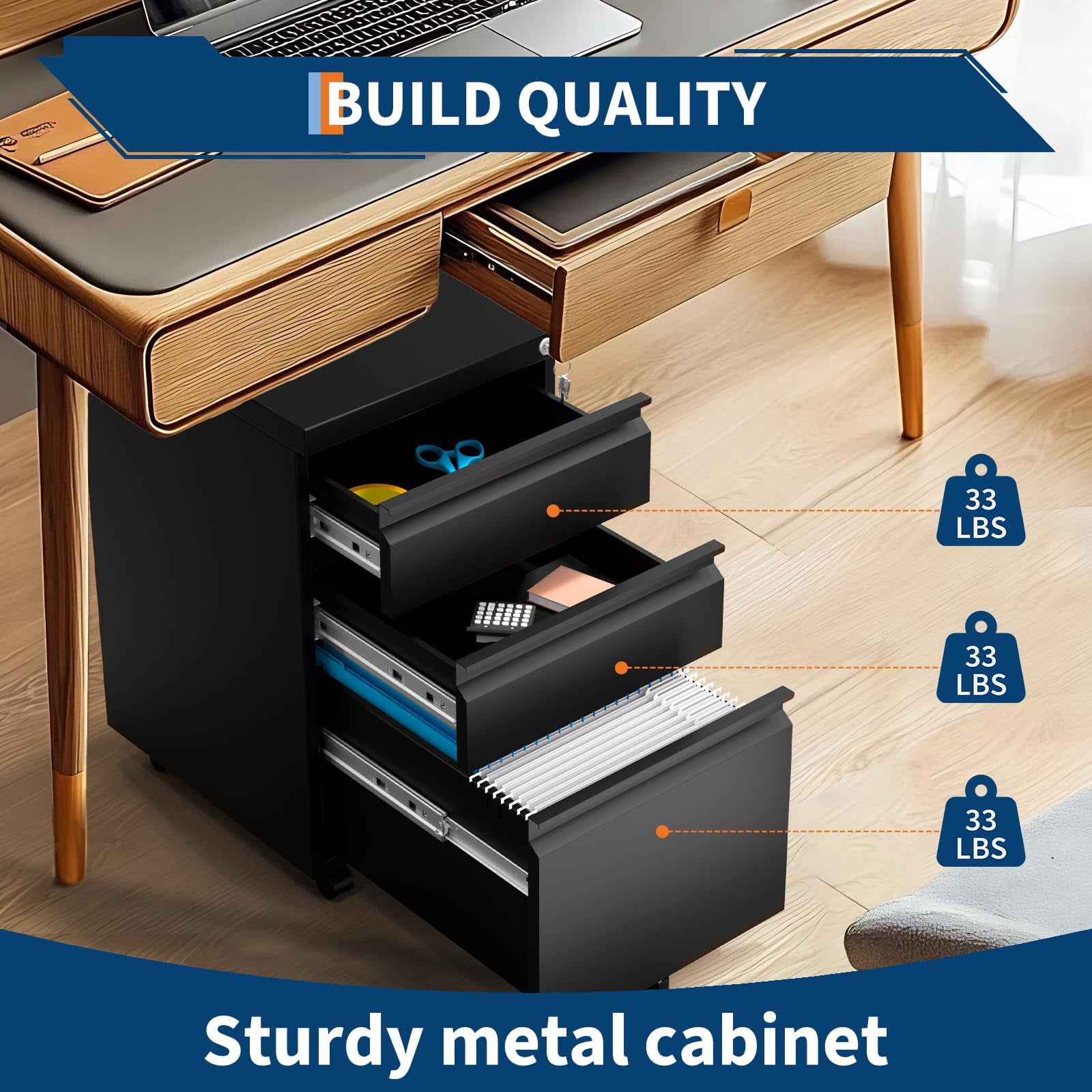 3-Drawer Mobile File Cabinet with Lock, Metal Filing Cabinet on Wheels, Fits Letter/Legal/A4 Files, Space-Saving Under Desk Office Storage Organizer for Home Office, Easy Assembly, Black