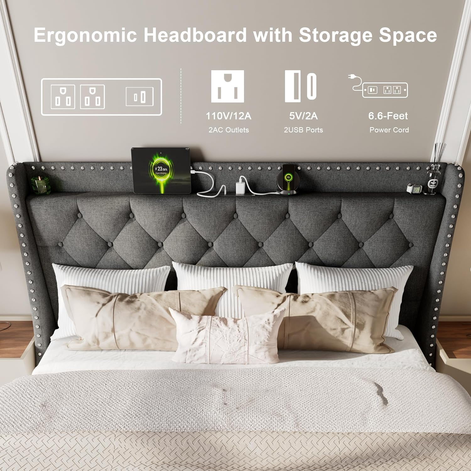 Feonase King Size Bed Frame with Luxury Wingback and Fast Charging Station,King Platform Bed Upholstered Button Tufted Storage Headboard,Sturdy Wooden Slats Support,Easy Assembly,Noise-Free,Dark Gray
