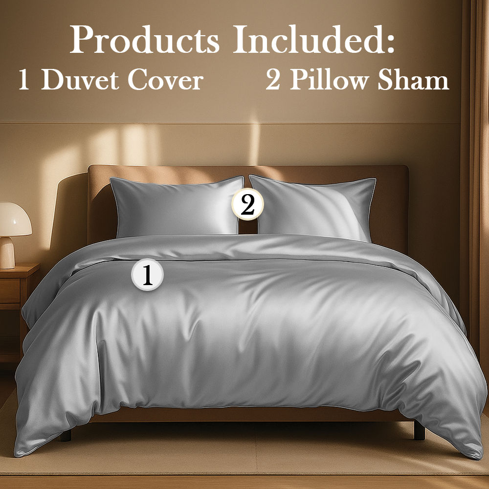 Amay Satin Silk Queen Duvet Cover Set (90"×90",Silvery Grey ) – Luxurious Glossy Finish – Ideal for Master Bedrooms, Hotel-InspiSilvery Grey Décor – 3-Piece Set
