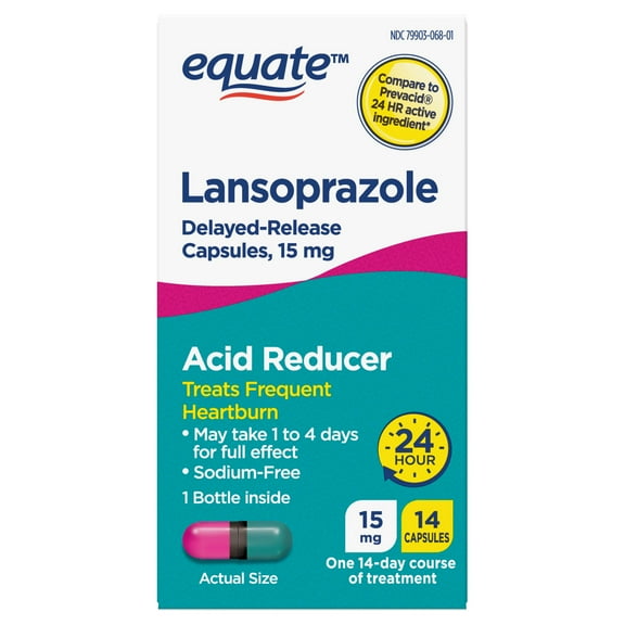 Equate Lansoprazole Delayed Release Capsules 15 mg, Treats Frequent Heartburn, 14 Count, Compare to Prevacid 24 HR Active Ingredient