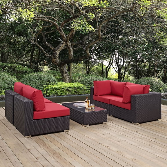 Modway Convene 5 Piece Outdoor Patio Sectional Set in Espresso Red
