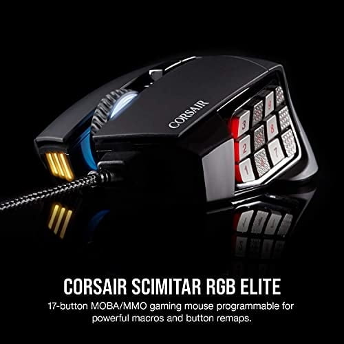 Corsair Scimitar RGB Elite, MOBA/MMO Gaming Mouse, Negro, LED RGB retroiluminado, 18000 DPI, óptico (renovado)