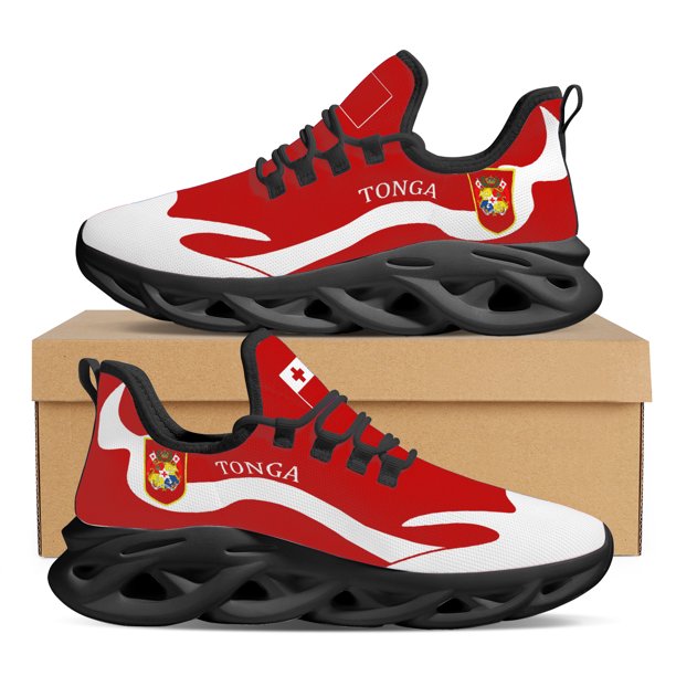 Zapatos deportivos para exteriores con suela gruesa y diseño de la bandera nacional de Tonga, color rojo y moderno.