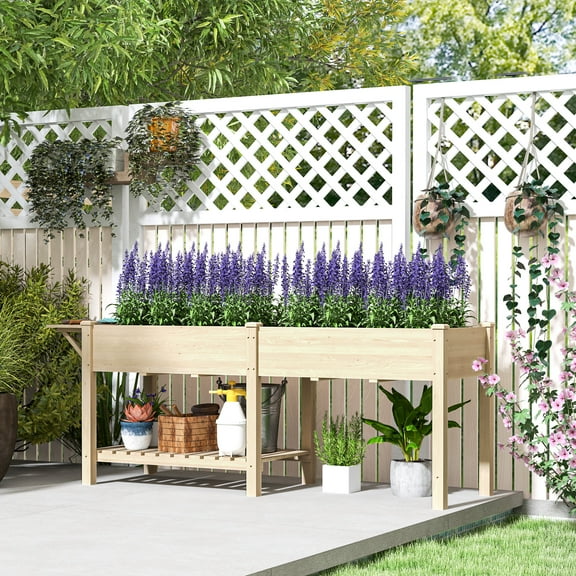 Outsunny Raised Garden Bed, Wood Elevated Planter Box with Side Table, Bottom Shelf, Bed Liners and Drainage Holes, Natural