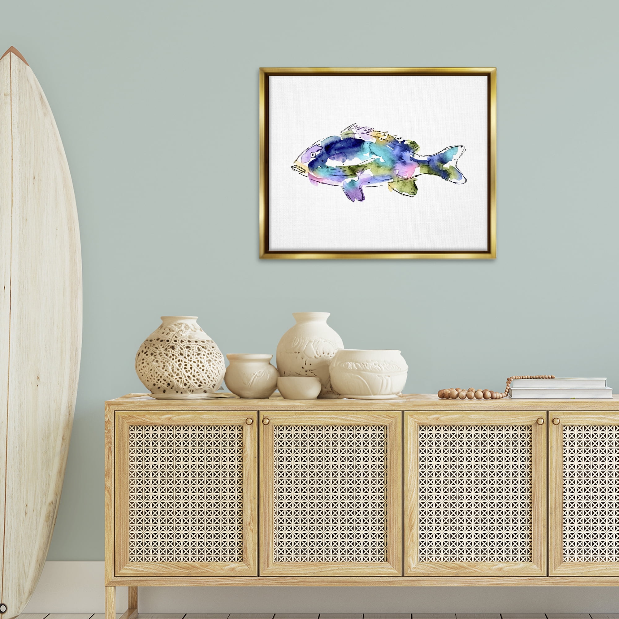 Stupell Industries Watercolor Style Fish Animals & Insects Painting Gold Floater Framed Canvas Art Print Wall Art, 31 x 25
