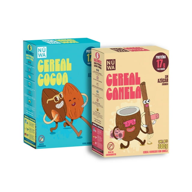 Cereal NÜWA 2 MIXPACK Sabor a Cacao o Canela Alto en Proteína y Fibra Vegano Sin Azúcar Añadida