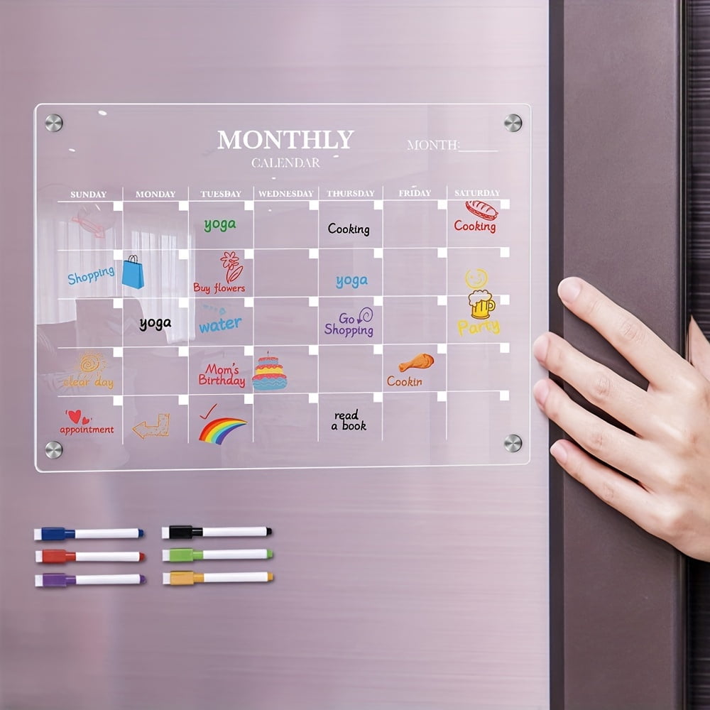 HLONK [Monthly Magnetic Calendar Whiteboard] Acrylic Magnetic Monthly Calendar Whiteboard for Refrigerator - Clear Dry Erase Memo Planning Board with Markers - Ideal Kitchen Organizer Not