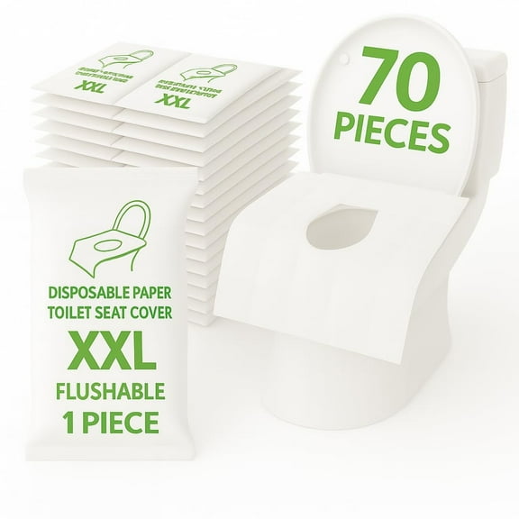 XXL Toilet Seat Covers – 70 pack, individually wrapped, flushable, full coverage paper liners for kids and adults. Perfect for travel.