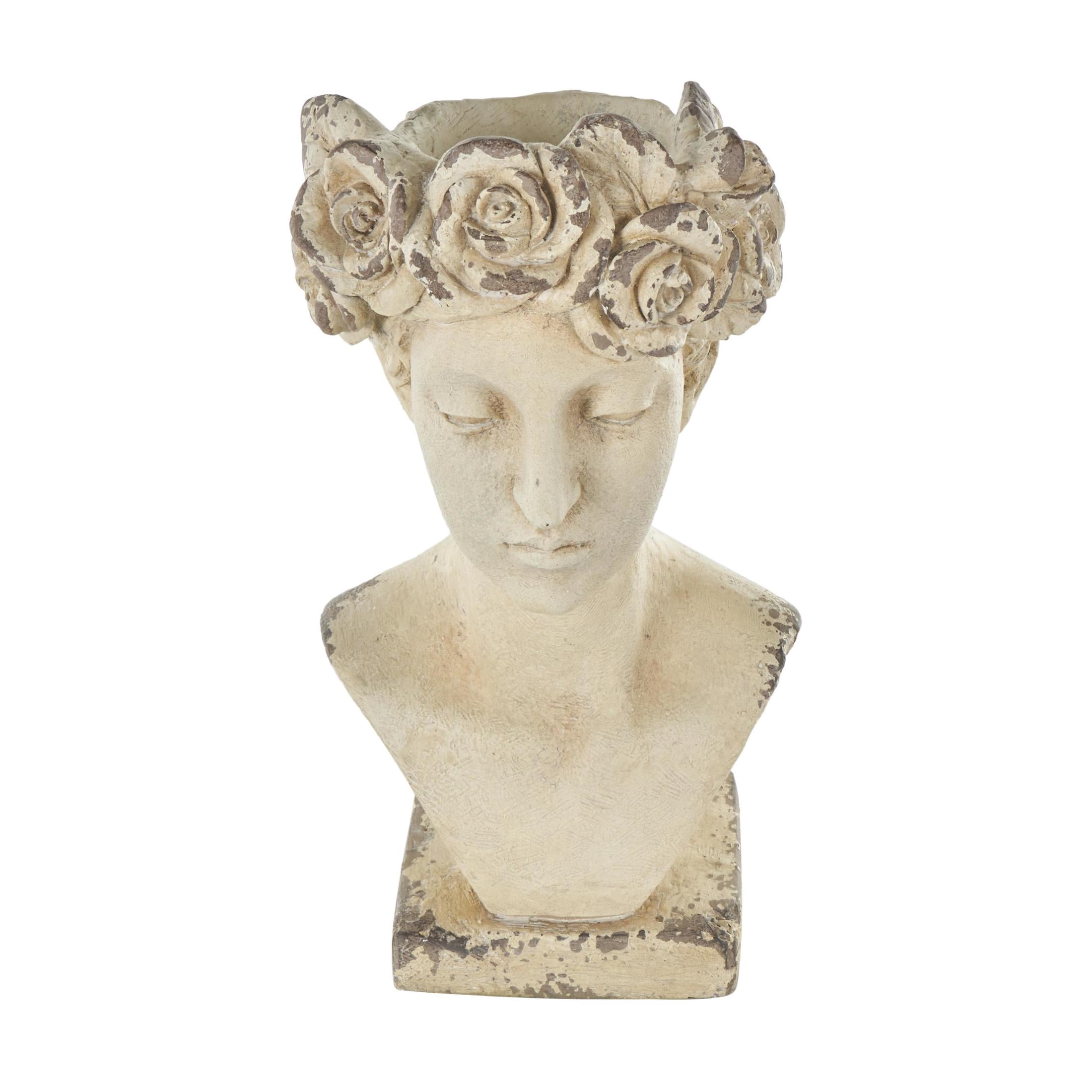 DecMode 11" x 22" Distressed Antique Greek Bust Cream Magnesium Oxide Woman Planter with Floral Accents