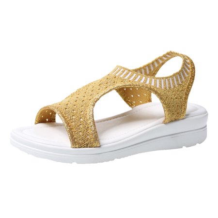

Women Ladies Breathable Comfort Hollow Out Casual Wedges Cloth Shoes Sandals Elasticated Open Toe Casual Sports Sandals Cloth Gold casual shoes for Women