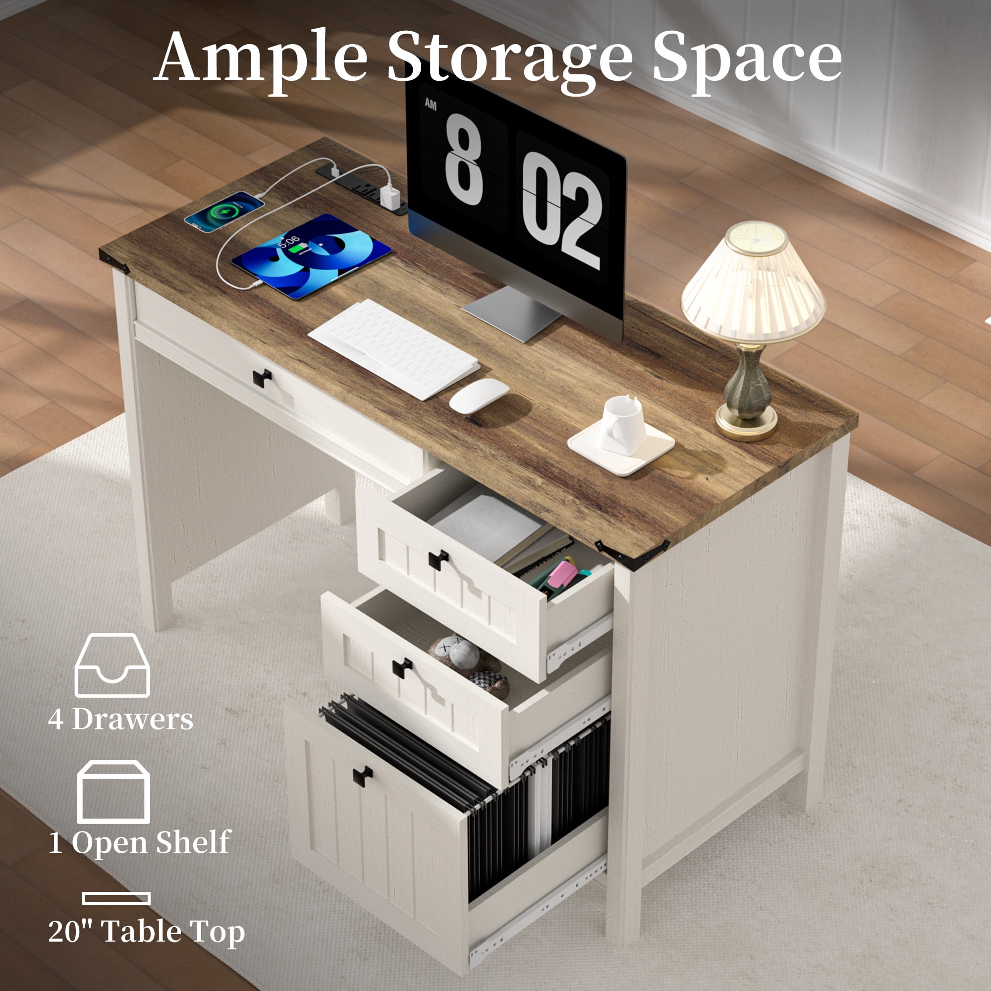 FIAKOA 3 PC Home Office Desk Set, Executive Office Desk Set with Charging Station & Bookshelf Set , White
