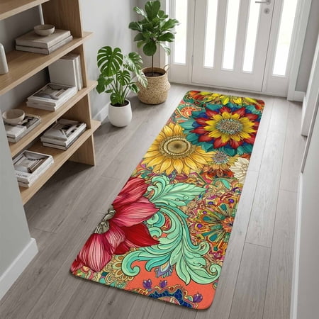 Vintage Sunflowers Washable Runner Rug 1.4x4 ft Red Yellow Teal Paisley Swirls Floral Boho Non-Slip Hallway Runner Rug Kitchen Runner Mats Indoor Floor Carpet for Entryway Bathroom Living Room