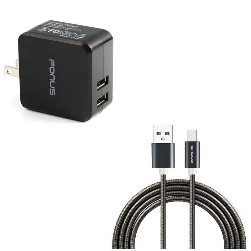 Type-C 3ft Metal USB Cable w 2-Port USB 17W Home Charger E1Y for Samsung Galaxy Tab S5e 10.5 S4 10.5 Note 10 Plus A 10.1 (2019) Fold A20 A10e - Sony Xperia 5 10 Plus 1 - Xiaomi Redmi Note 7