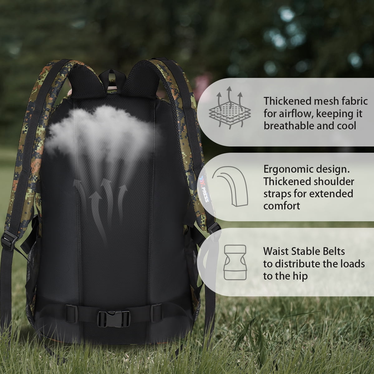 Camo Backpack for Adults, 40L Large Capacity Back Pack for Work Travel Hiking Outdoor, Army Green - BP8023