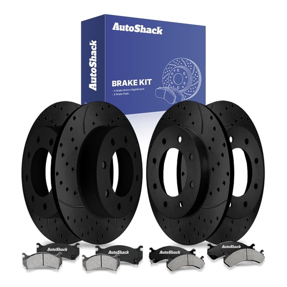 AutoShack Front & Rear Brake Rotors & Ceramic Pads for Chevrolet & Hummer, Silverado 2500 1999-2004 H2 2003-2009, 4WD RWD V8 5.3L 6.0L 6.2L - E-Coated Drilled & Slotted - Black Finish - NightGuard