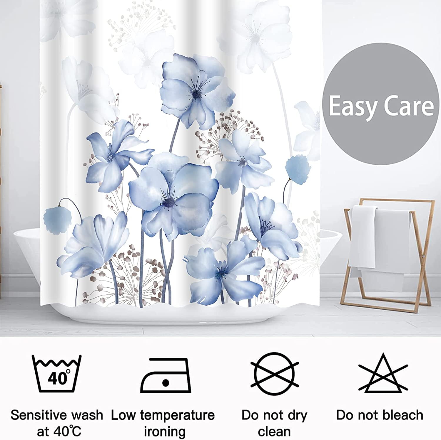 Extra Long Shower Curtain72x84 inch Length Watercolor Blue Floral Shower Curtain Sets,Navy and White Flowers Bathroom Curtains,Modern Art Bath Curtain,Waterproof Fabric with Hooks