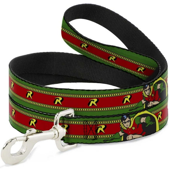 DC Comics Pet Leash, Dog Leash, Robin Action Pose Logo Stripe Green Yellow Red Black, 4 Feet Long 1.0 Inch Wide