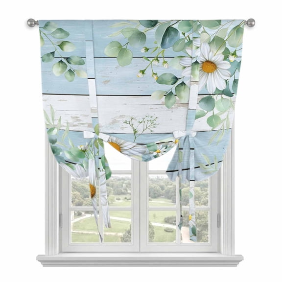 Daisy Eucalyptus Leaves Tie Up Curtain 63 Inches Long, Blue Wood Grain Spring Countryside Balloon Style Kitchen Window Curtain Over Sink, Small Window Rod Pocket Curtain 46"x63"
