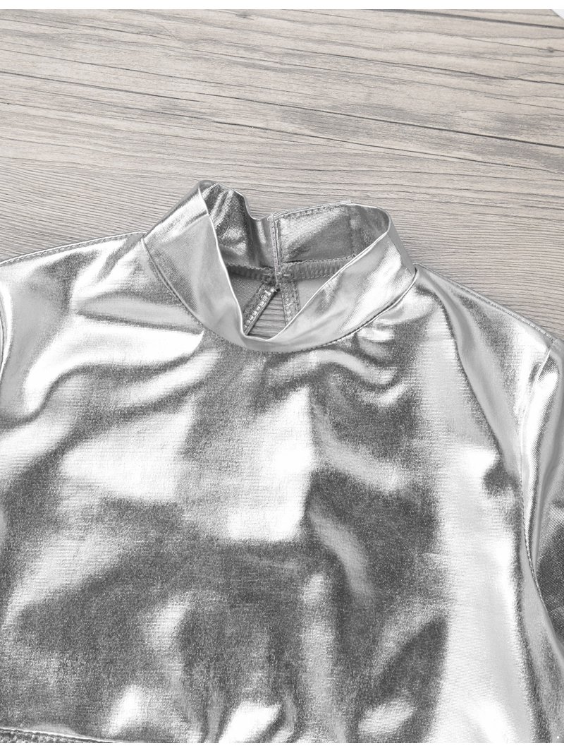inhzoy Kids Girls Long Sleeves Crop Tops Shiny Metallic Turtleneck