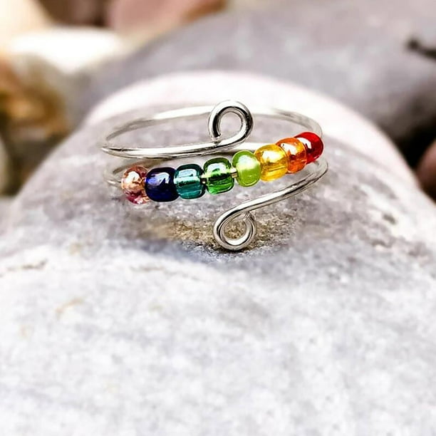 XEOVHV To My Daughter S925 Drive Away Your Anxiety Rainbow Beads Fidget Ring Adjustable Anxiety Ring for Daughter Ring with Beads Spinner Ring