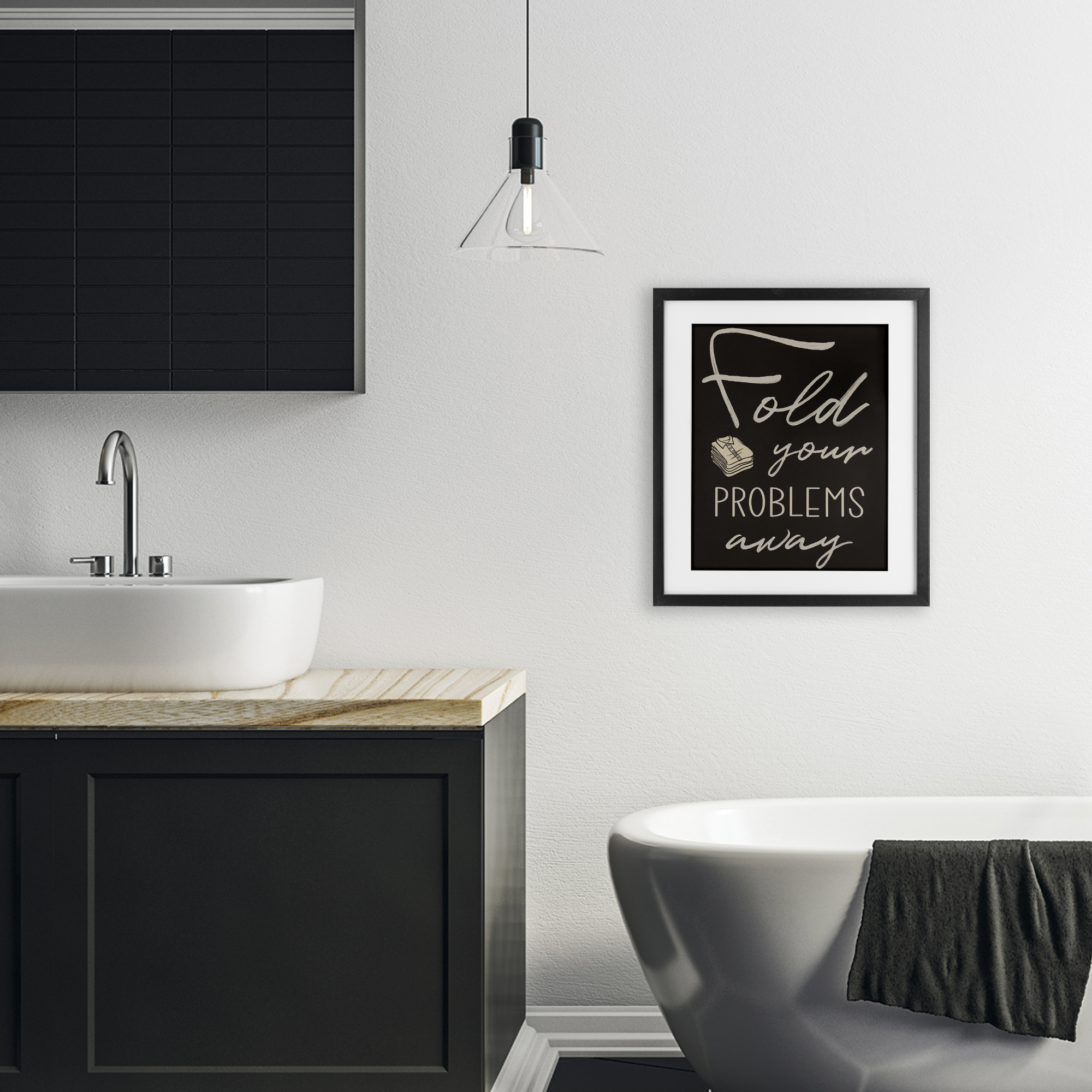 Fold Your Problems Away Black Framed Print Under Glass, design by Marcus Prime