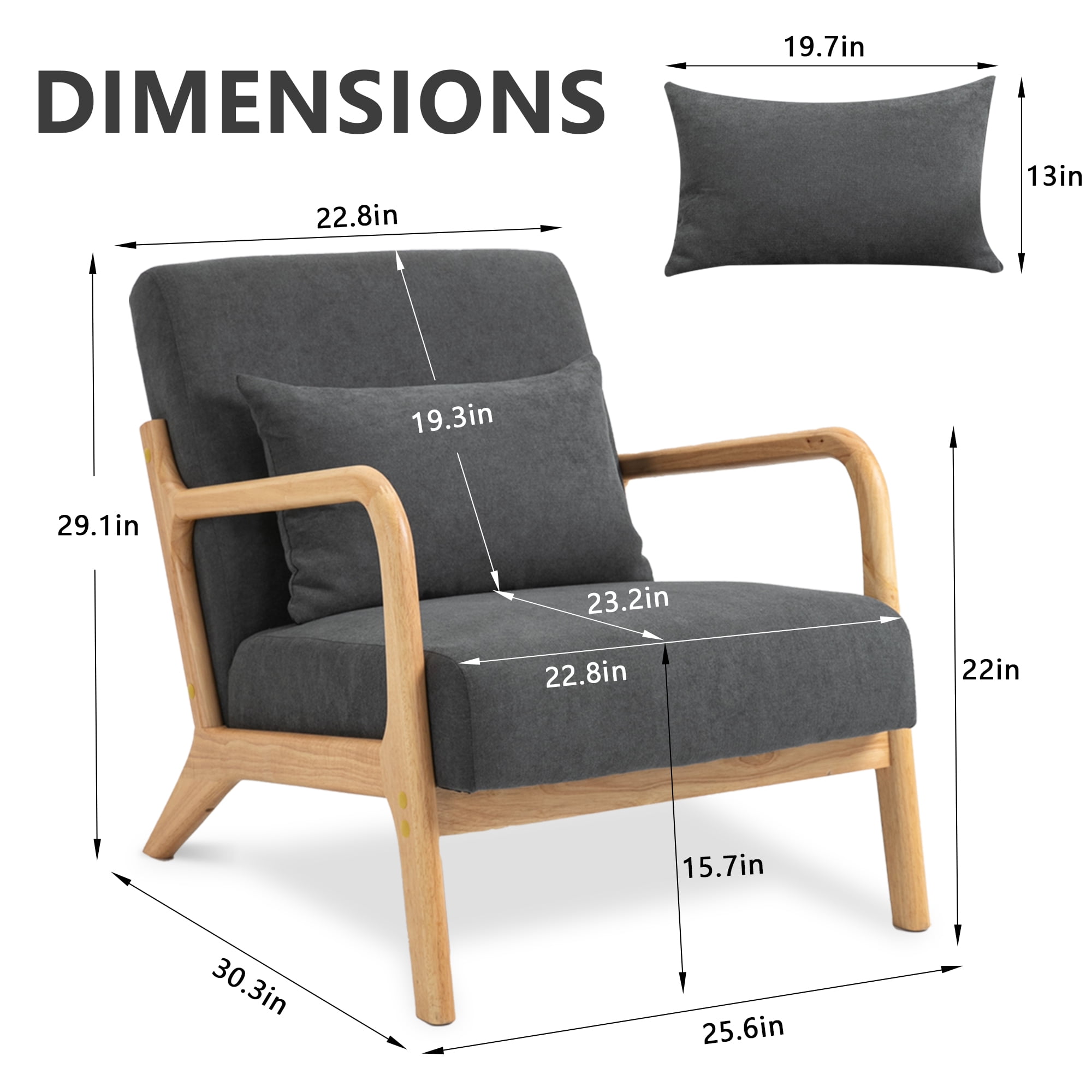 Miniyam Mid Century Modern Accent Chair with Wood Frame, Upholstered Living Room Chairs with Waist Cushion, Reading Armchair,Gray