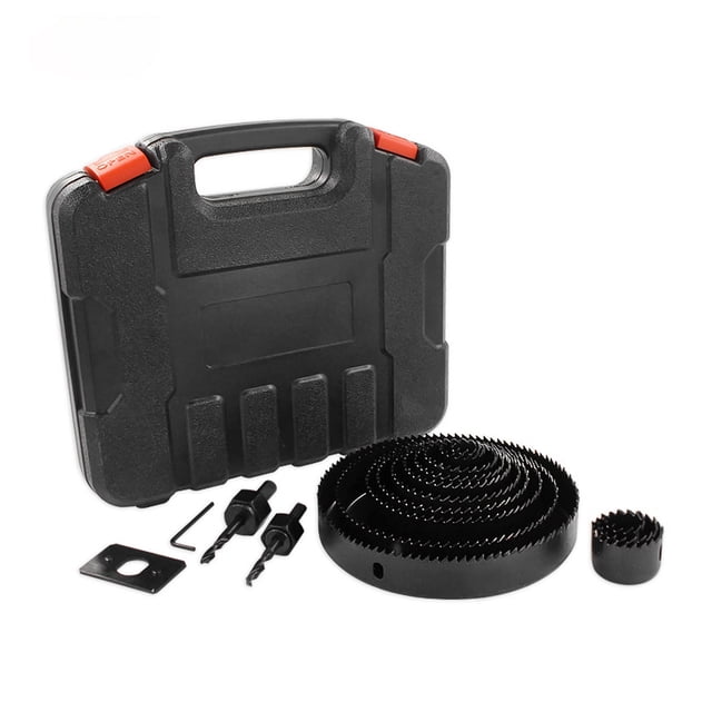 Trousse de Scie à Trous Incluant 13 Pcs Scie + 2 Pcs Forets + 1 Plaque d'Installation + 1 Mini Clé avec Étui de Transport pour Panneau de Liège Contreplaqué Cloison Sèche PVC