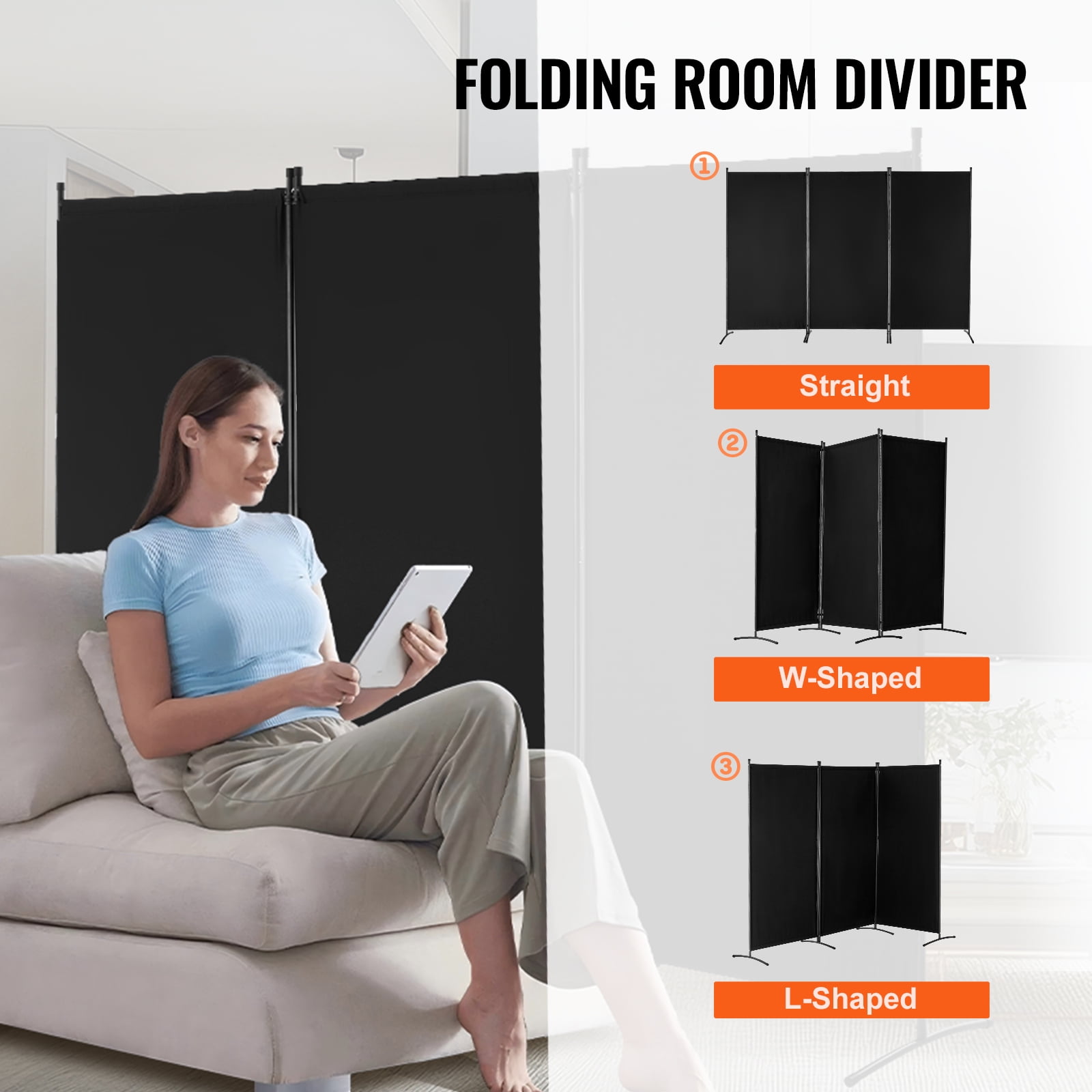 VEVOR Room Divider, 3 Panel Room Divider, Folding Privacy Screen and Portable Partition Divider for Room Separation, Freestanding Room Partitions for Office, Bedroom, Study, Black