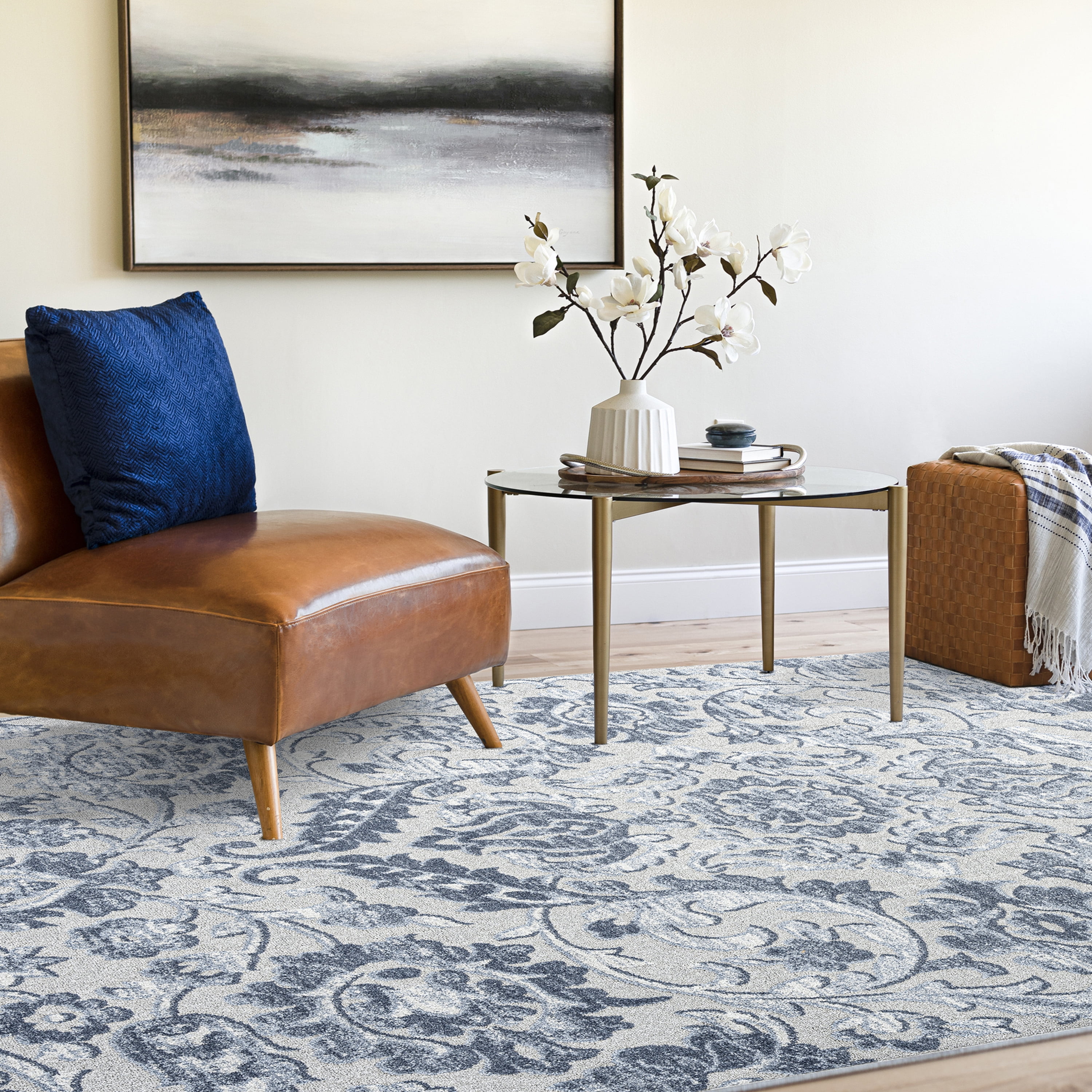 Bliss Rugs Transitional Area Rug, Floral Indoor Rugs for Living Room, Dining Room, Bedroom | Blue, 5' x 8' (5'3''x7'3'')