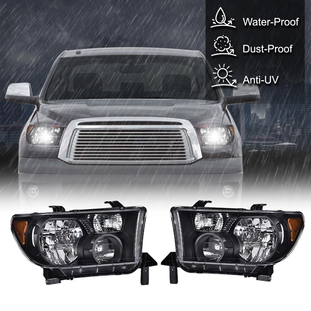 CROSSDESIGN Pair Black High/Low Beam Headlights Fit for Toyota Tundra 2007-2013/Sequoia 2008-2017