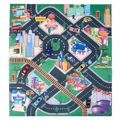 32 X 28 Race Car Rug Play Carpet With 6 Toy Cars Set Scene Of Downtown