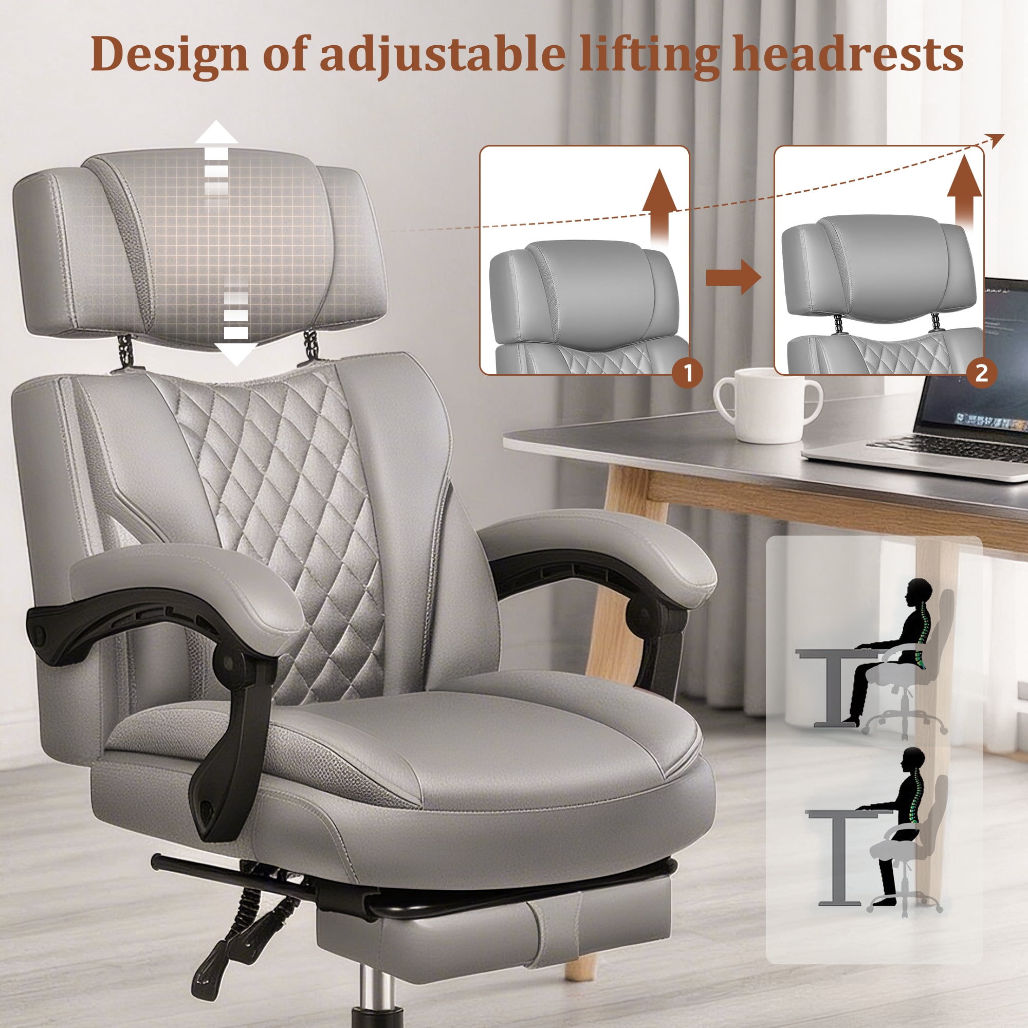 FelixKing Ergonomic Office Chair with Adjustable Headrest Executive Leather Desk Chair with Flip Up Arms, Comfy Computer Chair with Lumbar Support & Rocking Function for Home Office