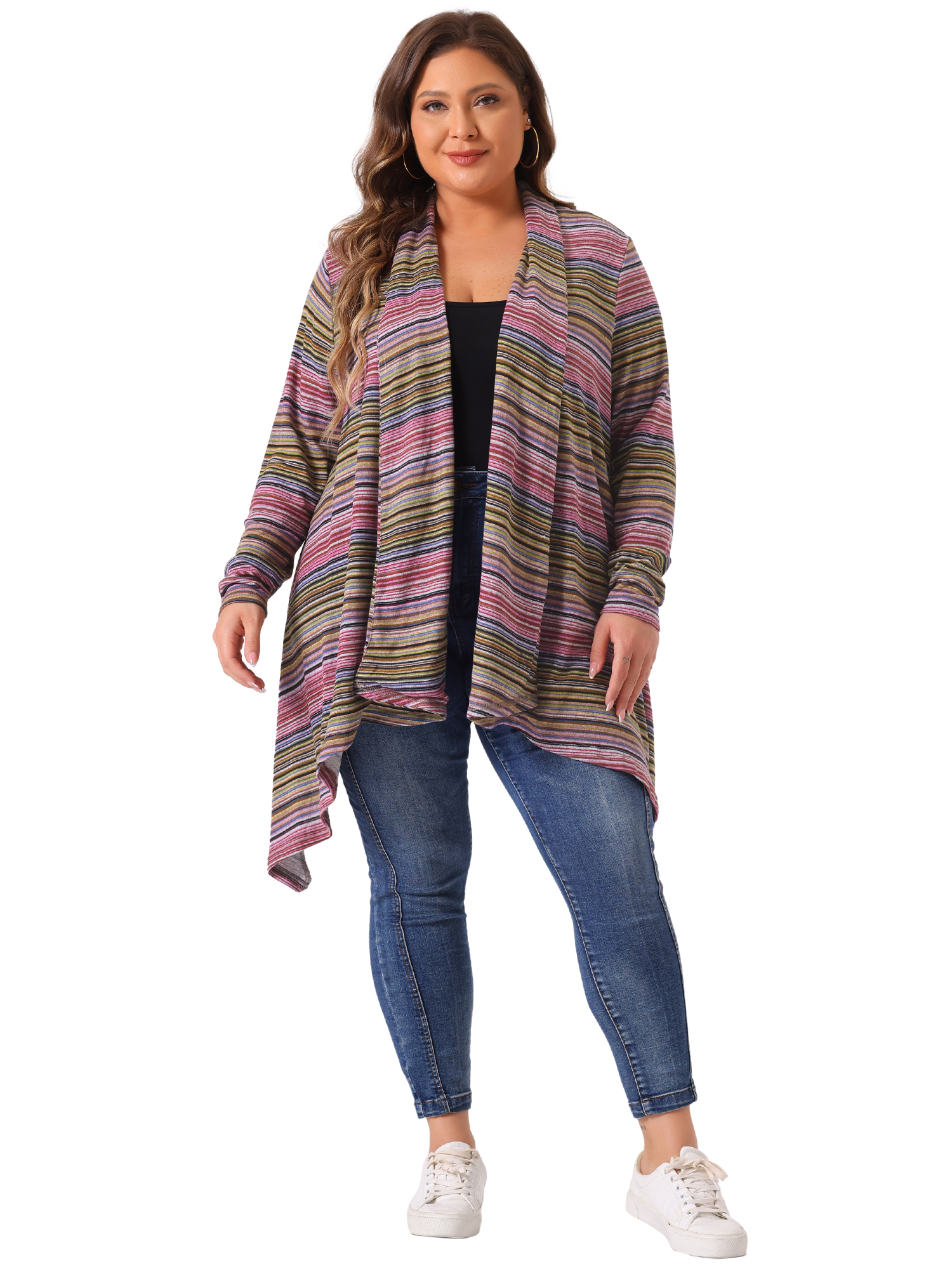DARING DIVA Plus Size Long Sleeve Open Front Knit Stripe Cardigan 1X Purple