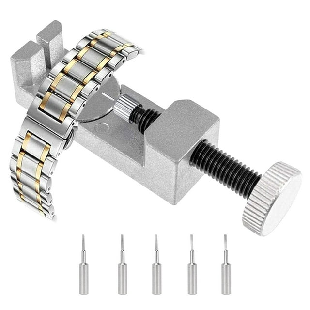 Watch Link Remover Kit, Watch Band Removal Tool, and Watch Sizing Tool shown in use with a metal watch band. The tool features an adjustable steel frame with a side wheel for precise pin removal. Includes 12 extra punch pins displayed below the tool. Suitable for resizing and repairing watch bands up to 30 mm wide.